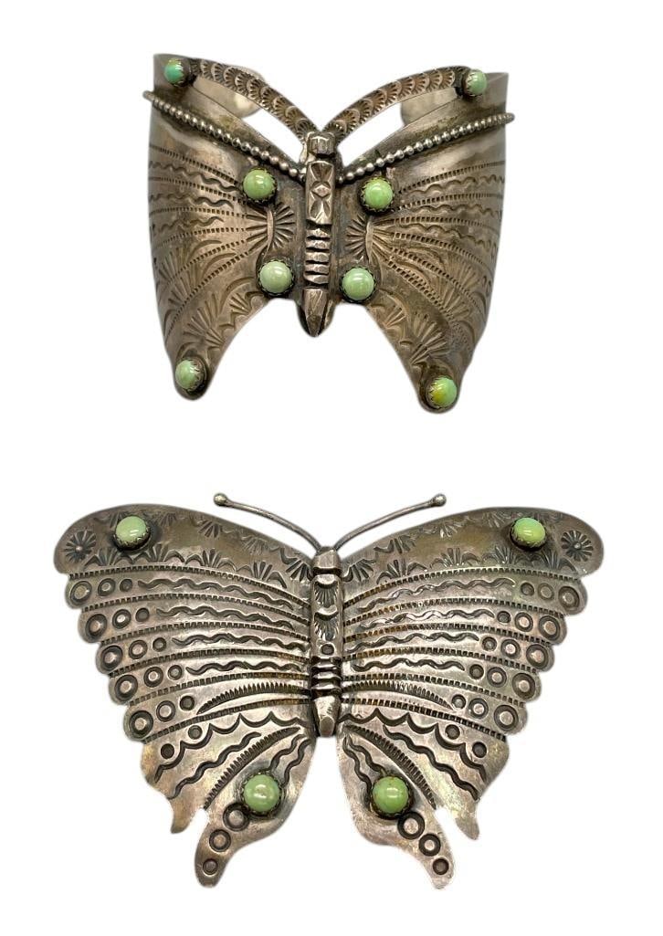 Butterfly Themed Sterling Silver Bracelet And Pin By Tom Dewitt: For your bidding pleasure is a butterfly themed sterling silver bracelet and pin by Tom DeWitt. Both pieces feature intricate butterfly designs with hand stamped detailing and are highlighted with gre