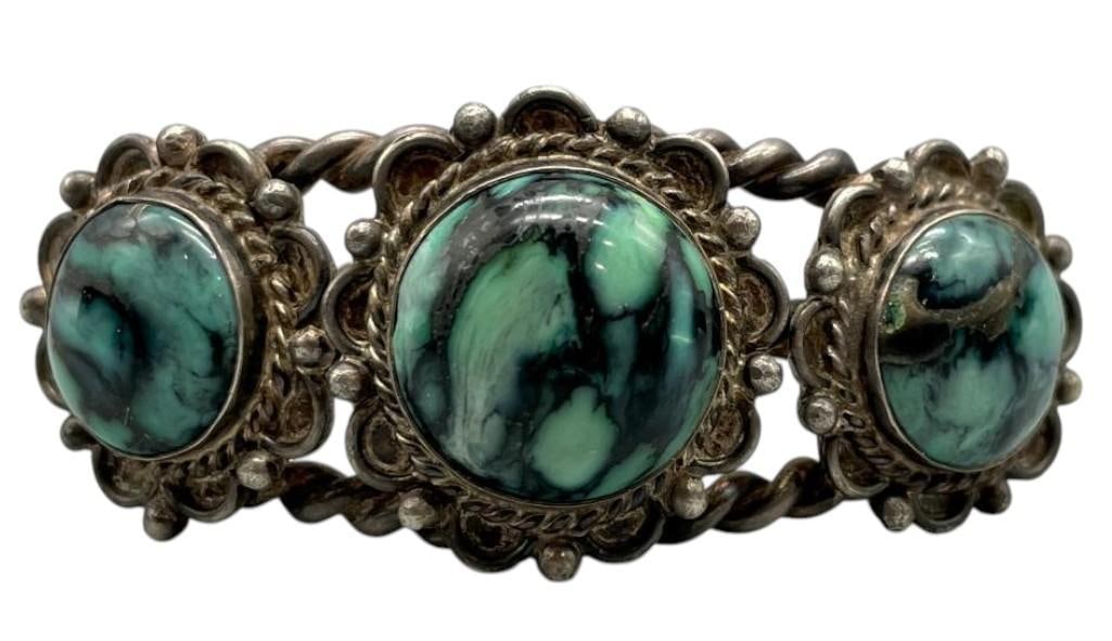 Hefty Handmade Twisted Wire Three Stone Variscite Bracelet: For your bidding enjoyment we present a hefty handmade twisted wire three stone variscite bracelet. This bracelet features three round variscite cabochons set in smooth silver bezels accented with twi