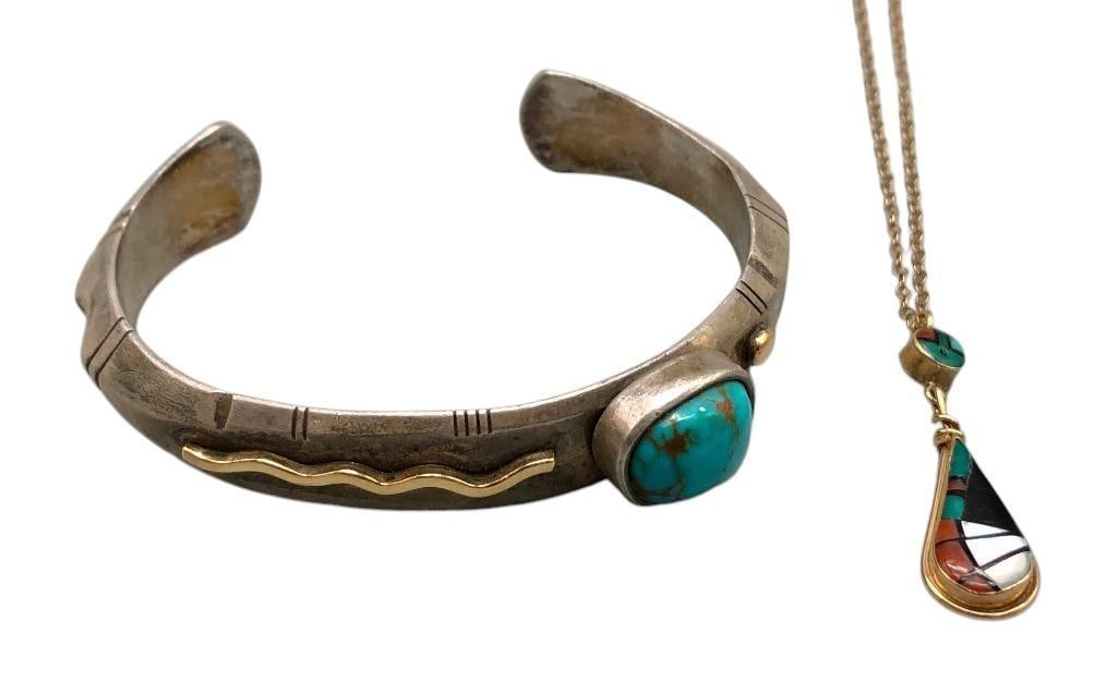 14K Gold Inlay Necklace & Turquoise, Gold And Sterling Silver Bracelet: Offered here for your consideration is a 14K gold (marked) inlay necklace and turquoise, gold and sterling silver bracelet. The necklace features a teardrop pendant with multi stone inlay of turquoise