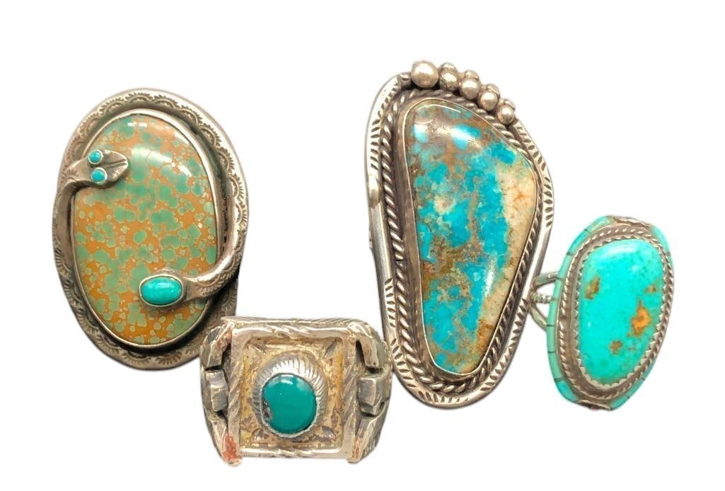 Group Of Four Nice Turquoise Rings: Offered here for your consideration is a group of turquoise and sterling silver rings together with a bracelet. The group includes four rings each featuring a central turquoise cabochon set in smooth 