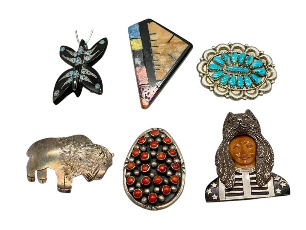 Group Of Six Pins: Available here for your consideration is a group of six pins. The group includes various designs such as a cluster of turquoise or cabochons set in smooth or sawtooth silver bezels, inlaid patterns an
