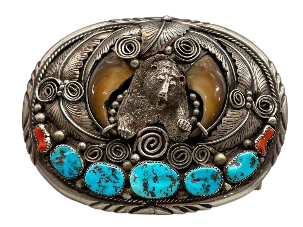 Bear Themed Turquoise, Coral and Claw Buckle By Mike Thomas, Jr.: Offered here for your consideration is a bear themed turquoise, coral and claw buckle by Mike Thomas, Jr. The sterling silver buckle features a central silver bear motif accented with five turquoise a
