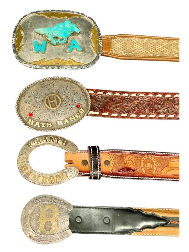 Four Ranch Themed Belt Buckles With Belts: Offered here for your consideration are four ranch themed belt buckles with belts. The first buckle is a horseshoe shaped buckle with a textured background with stamped designs and gold letters for R-