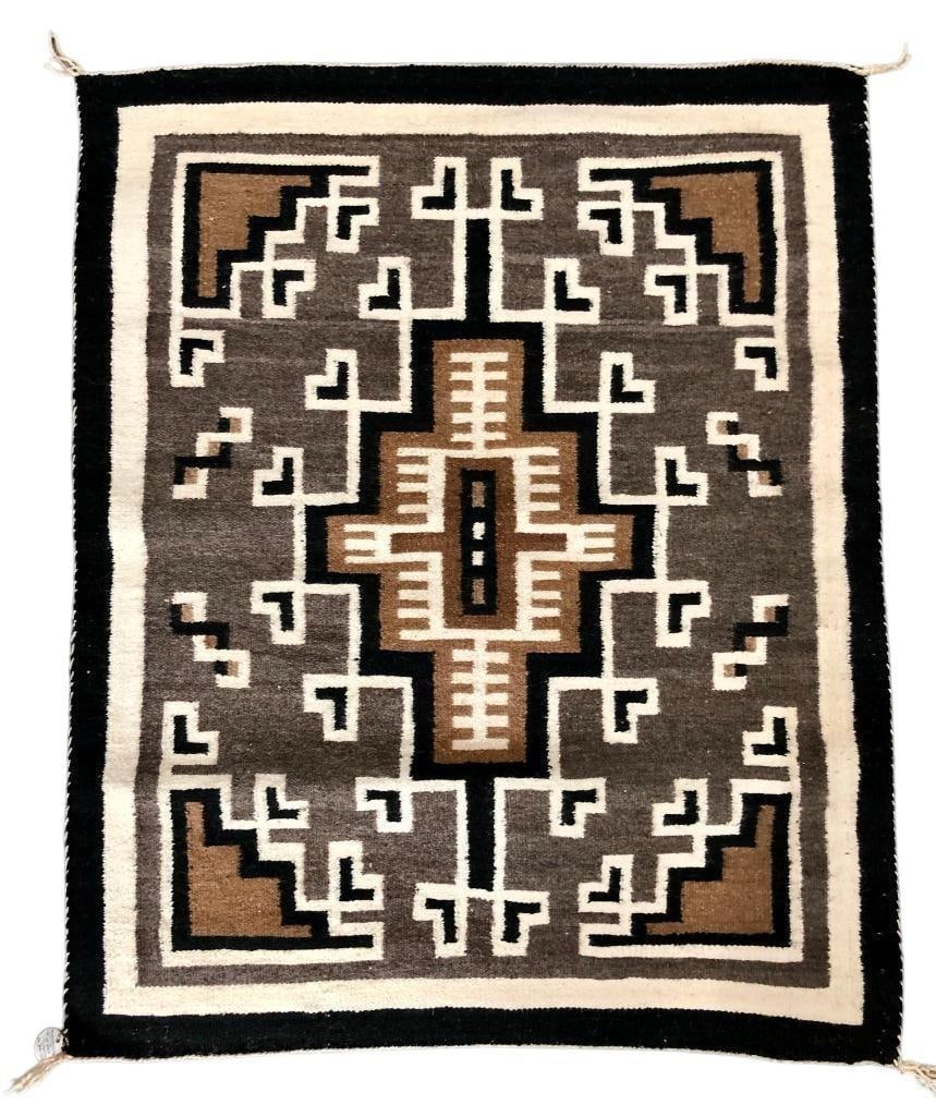 Vintage Two Grey Hills Navajo Weaving: Offered here for your consideration is a vintage Two Grey Hills Navajo weaving. This one is woven in the traditional natural colors and geometric patterns the Two Grey Hills region is so well-known fo