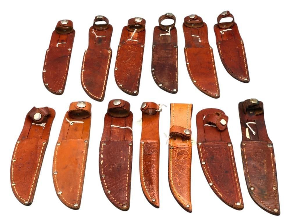13 Leather Sheaths for Marbles Knives: Available here for your consideration are 13 leather sheaths for Marbles knives. A useful lot for collectors who have Marbles knives and need sheaths, or those looking to resell. Bid today! MAKER: Var