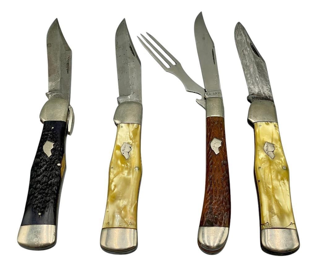 Group of Four Vintage K-Bar Doghead Knives: Offered here for your consideration is a group of four vintage Ka-Bar Doghead folding knives. Each features the more rare, dogs-head shaped escutcheon on the handle. This is a solid group of Ka-Bar kn