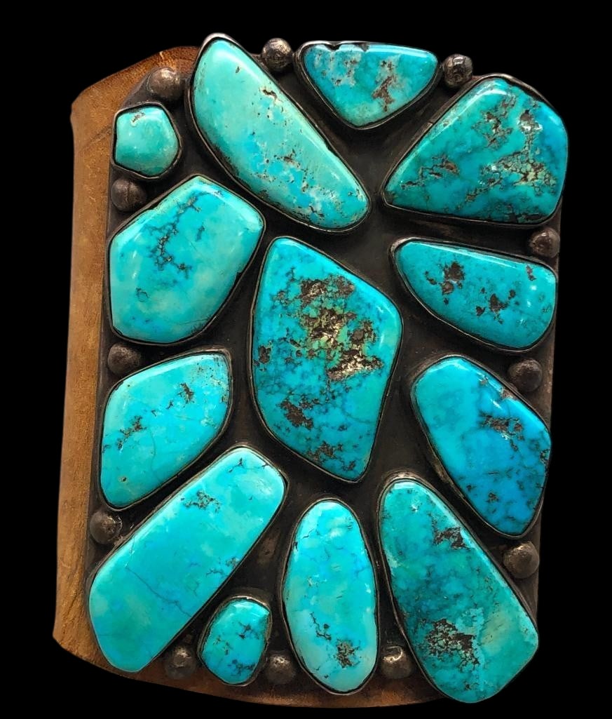 Monumental Sterling Silver And Turquoise Ketoh: Available here for your consideration is a monumental sterling silver and turquoise ketoh. This ketoh features a cluster of 12 large turquoise cabochons set in smooth silver bezels. Accenting the sett