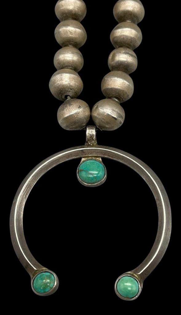 Vintage Sterling Silver Naja Necklace With Handmade Beads: Offered here for your consideration is a vintage sterling silver naja necklace with handmade beads. The carinated naja features three turquoise cabochons set in smooth silver bezels. The naja is suspe