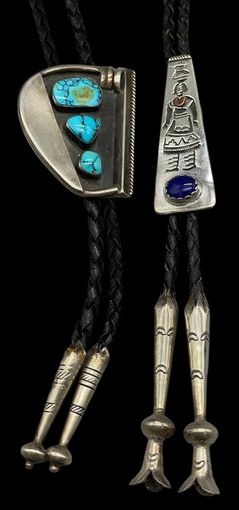 Two Nice Bolo Ties by Ramon Platero And Vidal Aragon: Offered here for your consideration are two nice bolo ties by Ramon Platero and Vidal Aragon. The first slide features three turquoise cabochons set in smooth silver bezels displayed on a darkened sil