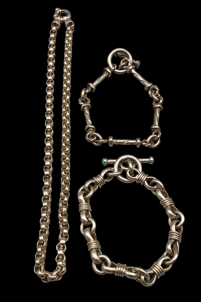 Sterling Silver Link Necklace And Two Bracelets: Available here for your consideration is a sterling silver link necklace and two bracelets. The group includes a link necklace, a toggle clasp bracelet with twisted wire links and another bracelet wit