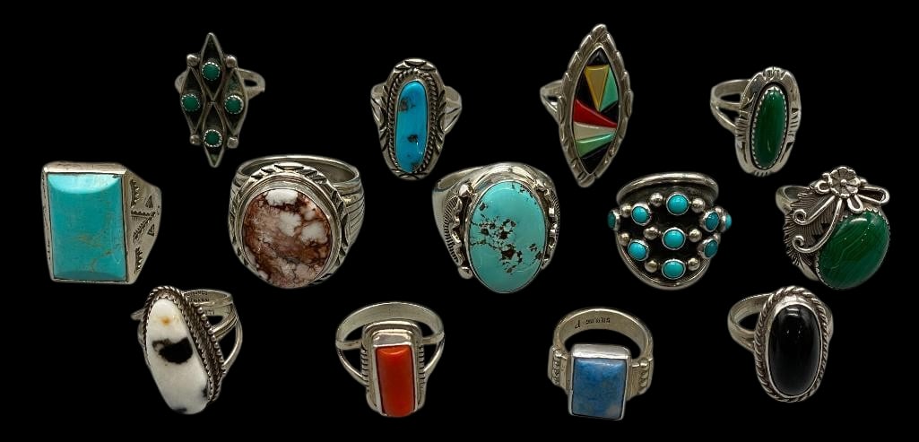 Thirteen Sterling Silver Rings With Various Stones: Available here for your consideration is a group of thirteen sterling silver rings with various stones. The rings are highlighted with a variety of stones including turquoise, coral, onyx, malachite,