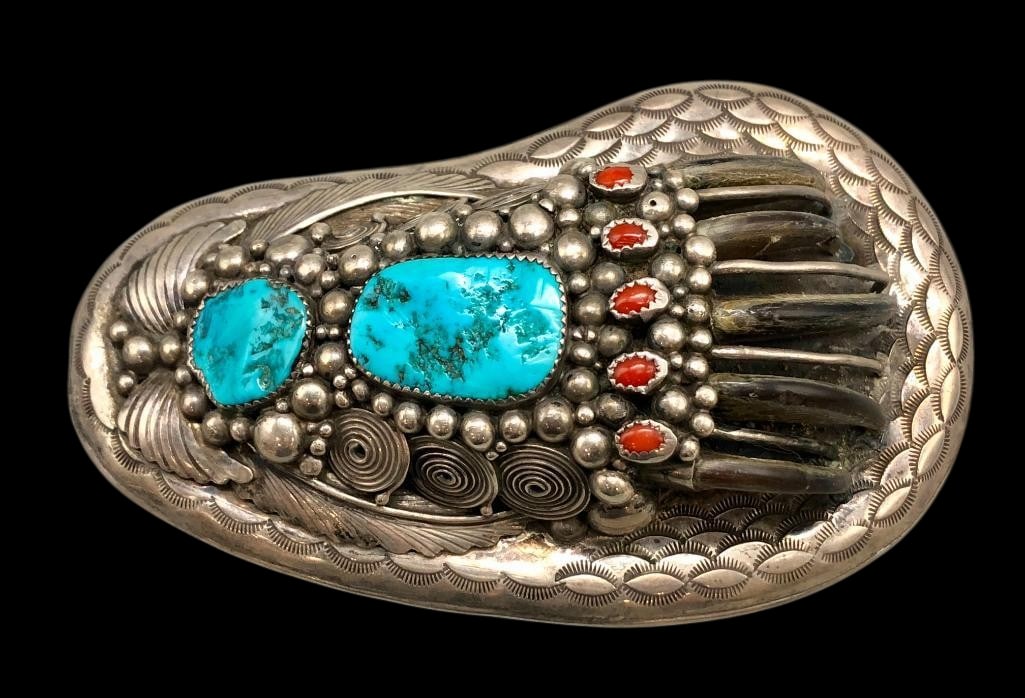 Vintage Handmade Turquoise, Coral, Claw & Sterling Silver Buckle: Available here in this lot is a vintage handmade turquoise, coral, claw & sterling silver buckle. This buckle features an intricate design created with turquoise and coral cabochons set in sawtoot