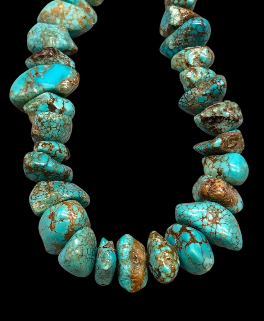 Lone Mountain Spiderweb Nugget Necklace: Offered here for your consideration is a Lone Mountain spiderweb nugget necklace. Lone Mountain turquoise is mined at Lone Mountain, Nevada and has produced some of the most highly desired turquoise. 