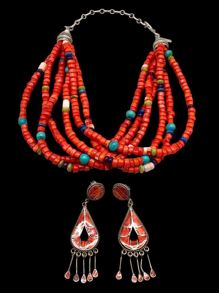 Rocki Gorman Necklace And Federico Jimenez Earrings: Offered here for your consideration is a Rocki Gorman necklace and a pair of Federico Jimenez earrings. The necklace features six strands of coral beads interspersed with turquoise, lapis and other ac