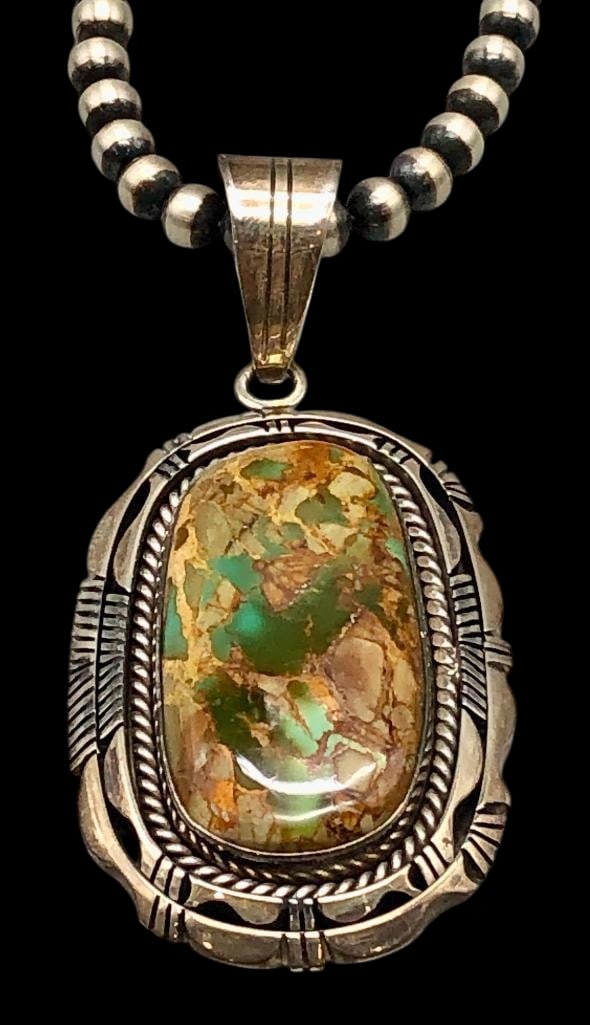 Royston Pendant and Sterling Silver Bead Necklace: Offered here for your consideration is a Royston turquoise pendant and sterling silver bead necklace. Royston turquoise has been mined since the early 1900s near Tonopah, Nevada. The pendant features