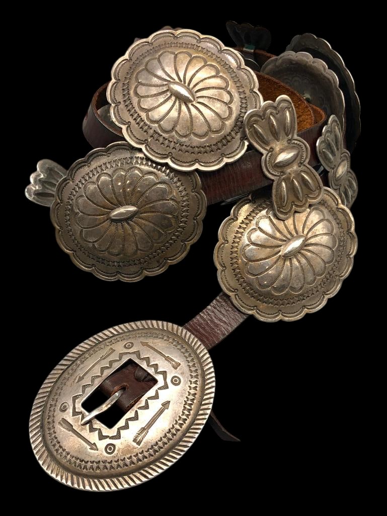 Vintage Sterling Silver Concho Belt With Butterflies: Offered here for your consideration is a vintage sterling silver concho belt with butterflies. The belt has domed oval conchos with stamped designs and scalloped edges. They alternate with butterfly s