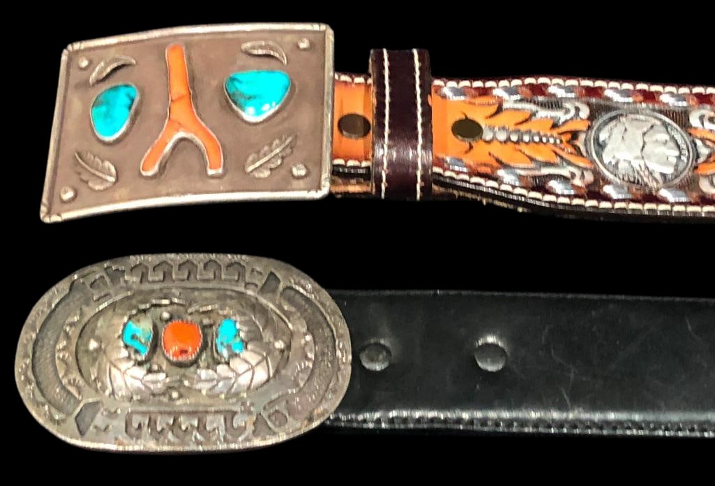 Two Vintage Turquoise And Coral Buckles With Belts: Offered here for your consideration are two vintage turquoise and coral buckles with belts. One buckle is rectangular with two turquoise and one branch coral cabochon resting in smooth silver bezels s