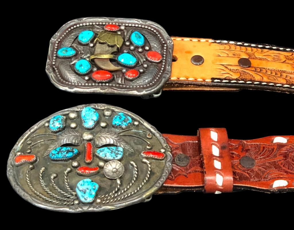 Two Vintage Turquoise, Coral And Sterling Silver Buckle - One with Claw: Offered here for your consideration are two vintage turquoise, coral and sterling silver buckles – one with claw. The first buckle features turquoise and coral cabochons resting in handmade sawtooth