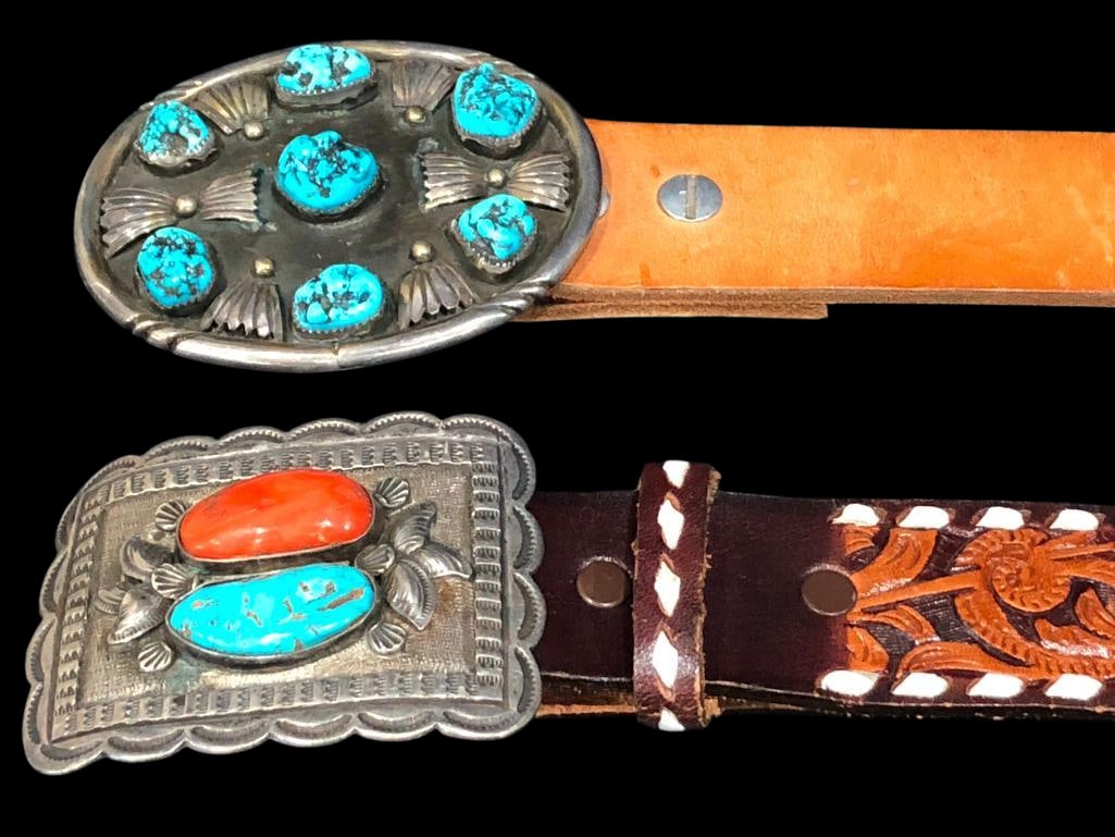 Two Nice Vintage Turquoise, Coral and Sterling Silver Buckles With Belts: Offered here for your consideration are two nice vintage turquoise, coral and sterling silver buckles with belts. One buckle is oval shaped with turquoise nugget style cabochons resting in handmade sa