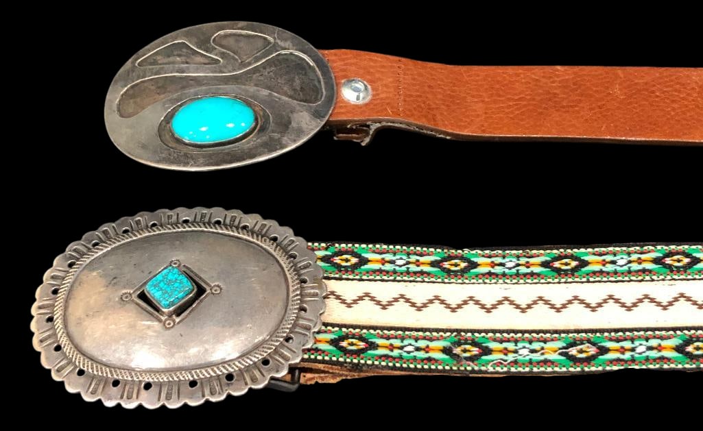 Two Vintage Turquoise And Sterling Silver Buckles With Belts: Available here for your consideration are two vintage turquoise and sterling silver buckles with belts. One buckle is oval with a turquoise cabochon resting in a smooth silver bezel surrounded by a si