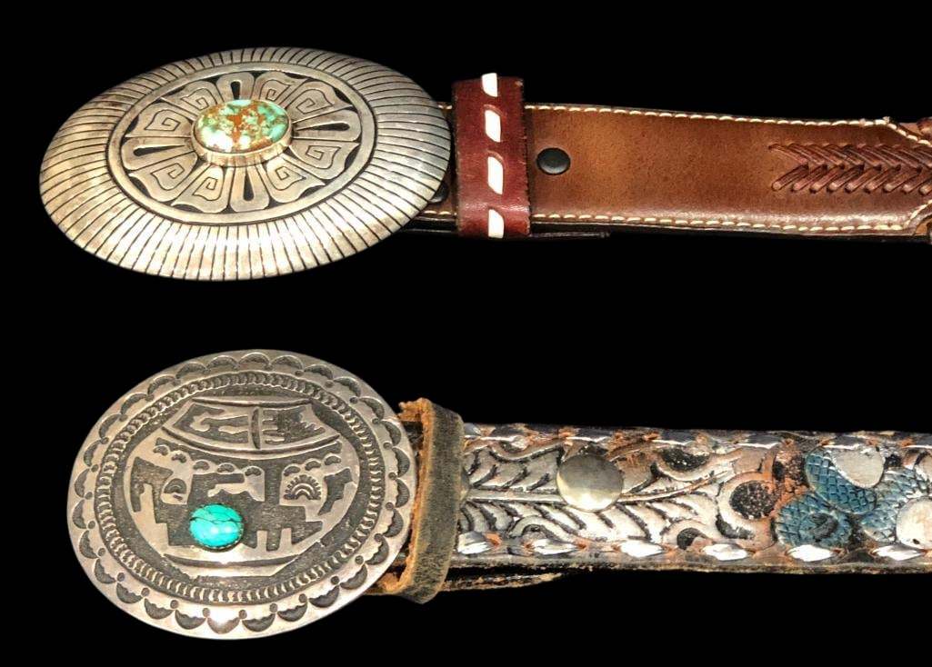 Two Green Turquoise And Sterling Silver Buckles With Belts: Available here for your consideration are two green turquoise and sterling silver buckles with belts. Each buckle features green turquoise cabochons in silver settings accented with stamping. Both are