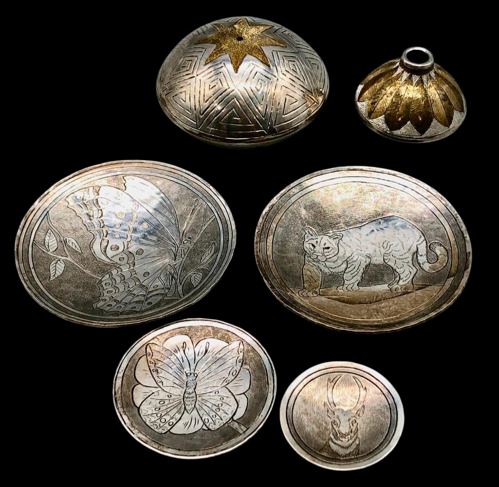 Group of Small Size Handmade Sterling Silver Plates and Pots - Some with 14K Gold: Offered here for your consideration is a group of small size handmade sterling silver plates and pots, some highlighted with 14k gold (marked). The group includes six pieces featuring hand-engraved de