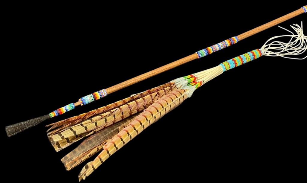 Native American Beaded Prayer Fan with Beaded Peyote Staff: Offered here for your consideration is a Native American beaded prayer fan with a beaded Peyote staff. The fan is highlighted with multiple long feathers bound at the handle with colorful chevron desi