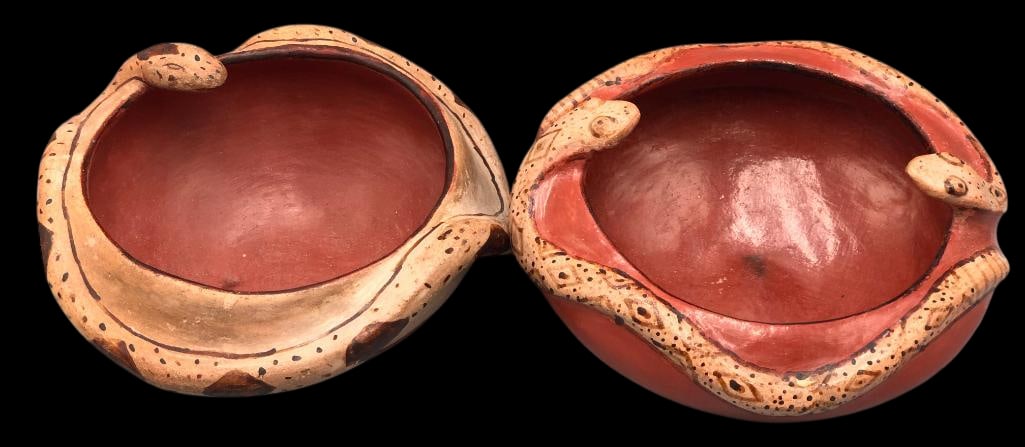 Two Maricopa Snake Theme Pottery Bowls By Mabel Sunn: Offered here for your consideration are two Maricopa pottery bowls by Mabel Sunn. Maricopa potters are best known for their red clay pottery work. Constructed of local natural materials Maricopa potte