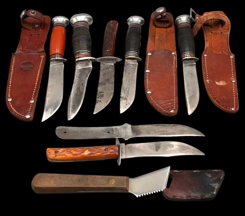 Eight Miscellaneous Remington Fixed Blade Knives: Offered here for your consideration are eight miscellaneous Remington fixed blade knives. This group includes two RH 51 models with stacked leather handles, one RH 72P with marbled style handle and on