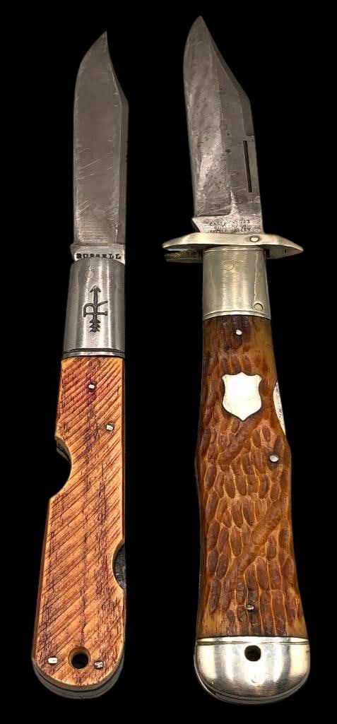 Two Rare Vintage Folding Knives: Offered here for your consideration are two rare vintage folding knives. One knife is a Cattaraugus 12839 " King of the Woods" lockback folding hunting knife. It features a jigged handle with
