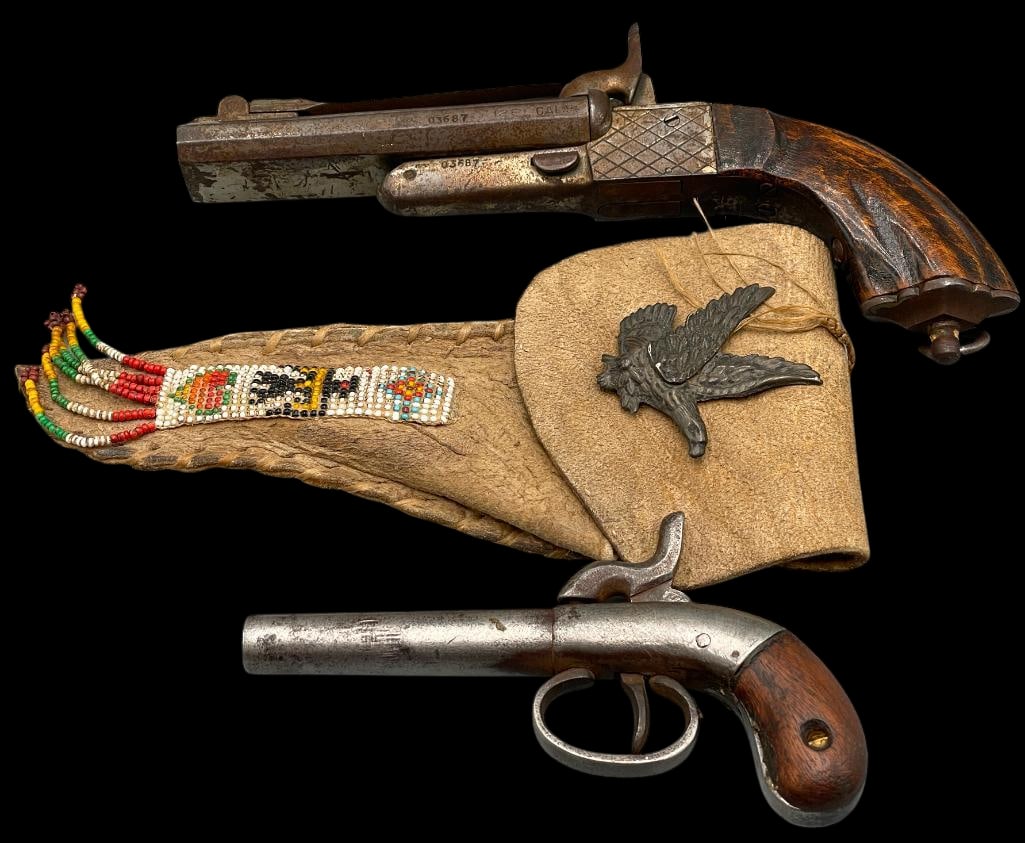 Antique Pinfire Pistol With Fold Out Blade And Antique Percussion Pistol With Beaded Sheath: Offered here for your consideration is an antique pinfire Belgium pistol with fold out blade Stamped V 199 700Kgs. 2 MM caliber. Also is an antique single shot black powder percussion pistol with bead