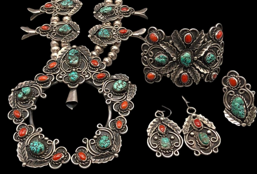 Vintage Turquoise, Coral And Sterling Silver Squash Blossom Necklace Set (1 of 19)