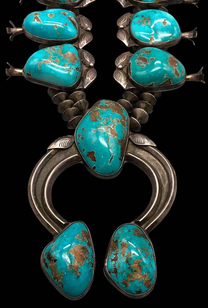 STATEMENT Turquoise And Sterling Silver Four Petal Squash Blossom Necklace (1 of 15)