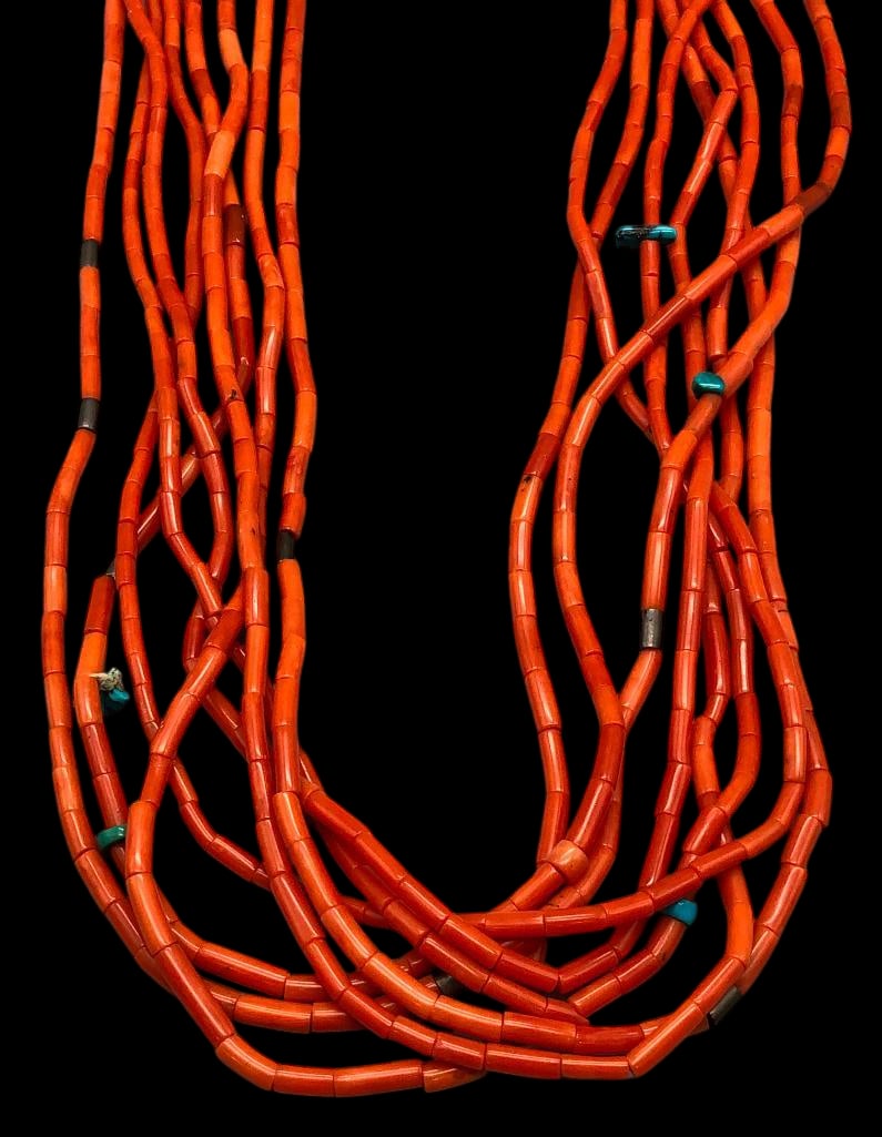 Eight Strand Coral, Turquoise And Sterling Silver Necklace with Pueblo Wrap (1 of 11)