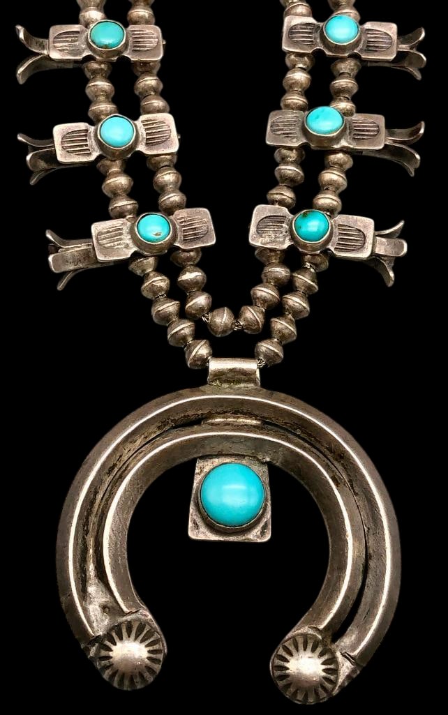 Circa 1940s Four Petal Box Bow Turquoise And Sterling Silver Squash Blossom Necklace (1 of 18)