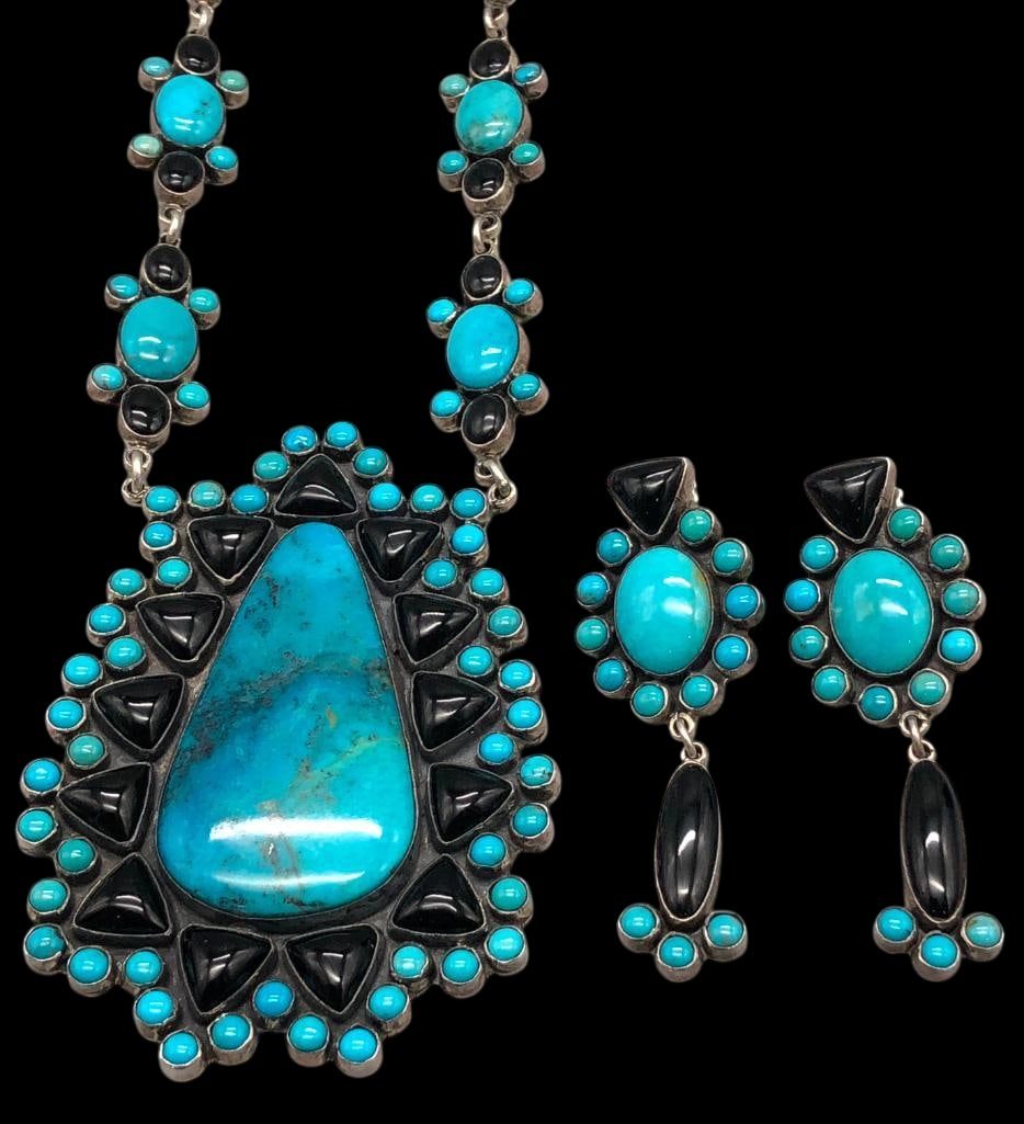 Federico Jimenez Turquoise And Onyx Necklace And Earring Set (1 of 19)