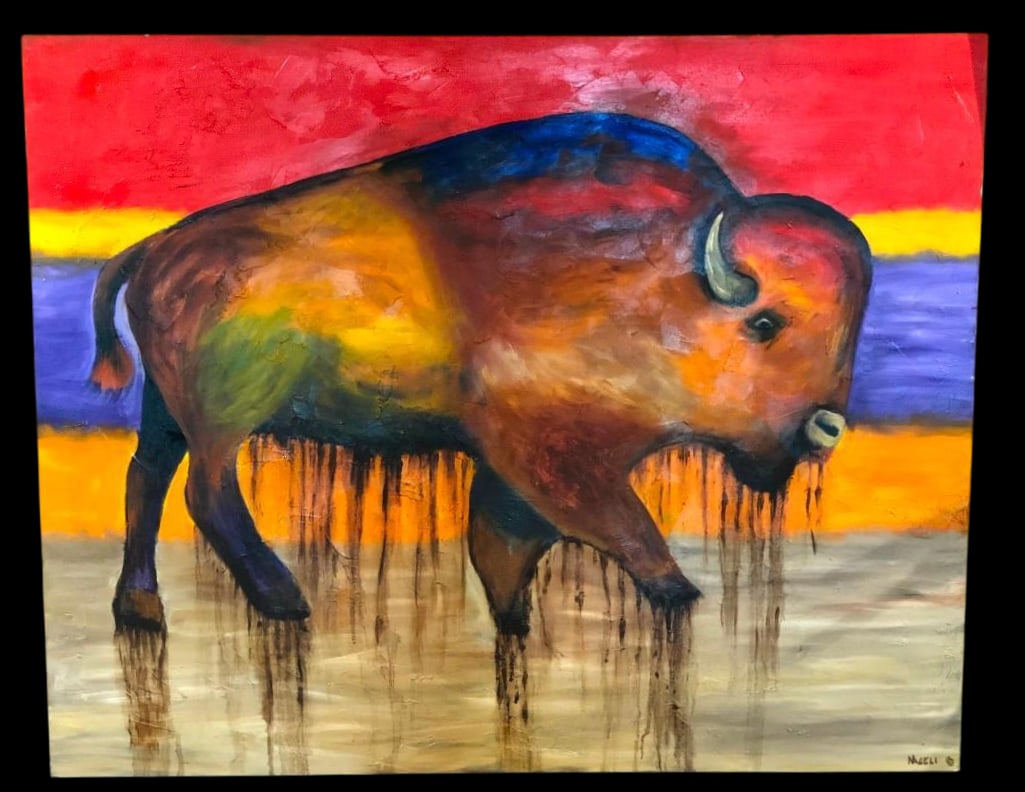 Large Colorful Oil On Canvas "Sacrad Buffalo" By Brent Nageli (1 of 8)