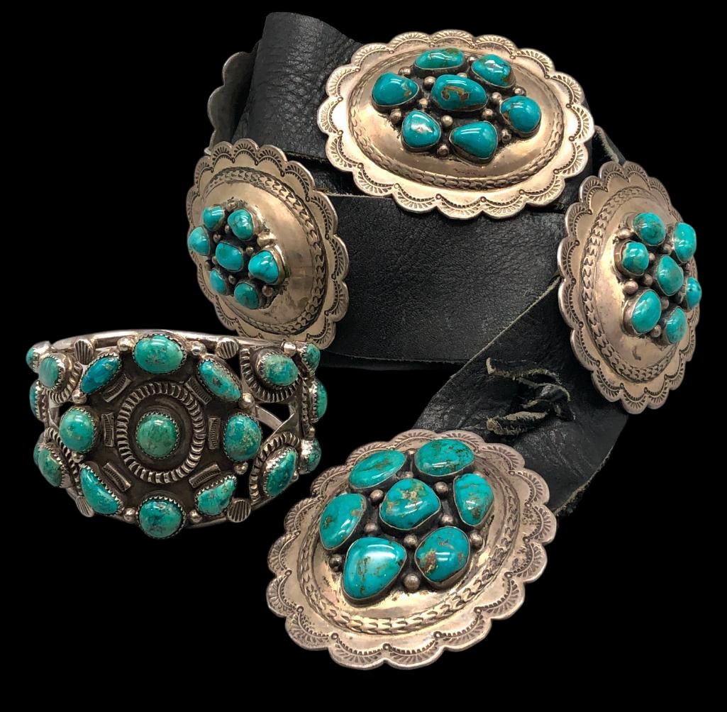 Vintage Blue/Green Turquoise Cluster Concho Belt With Bracelet (1 of 19)
