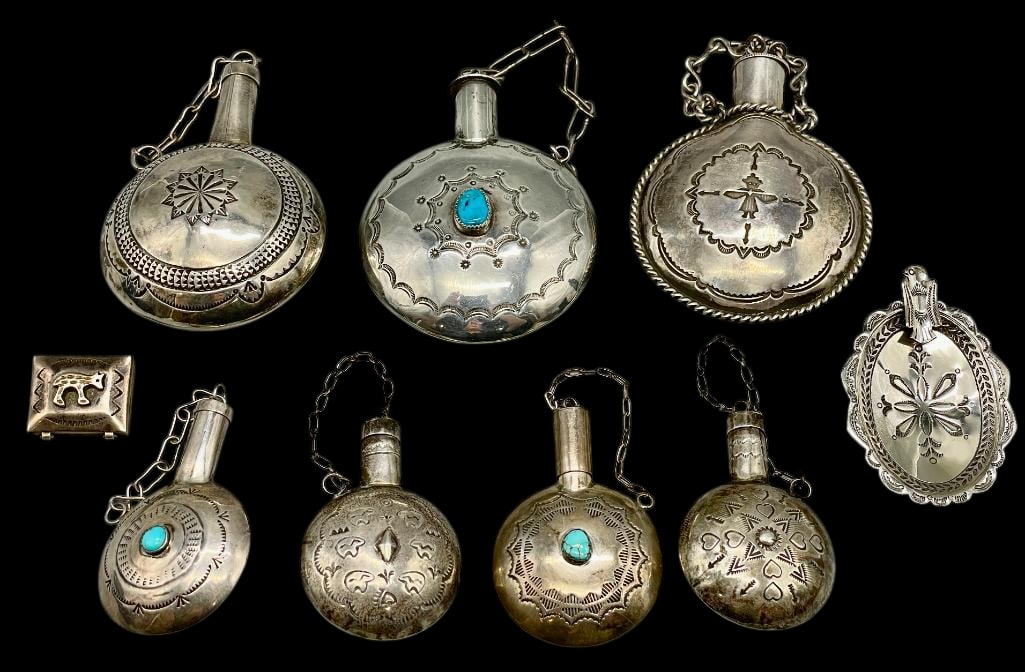 Collection Of Sterling Silver Canteens, Pill Box And Ashtray: Offered here for your consideration is a collection of sterling silver canteens, a pill box and an ashtray. This group includes seven small canteens, each finely hand stamped with intricate designs in