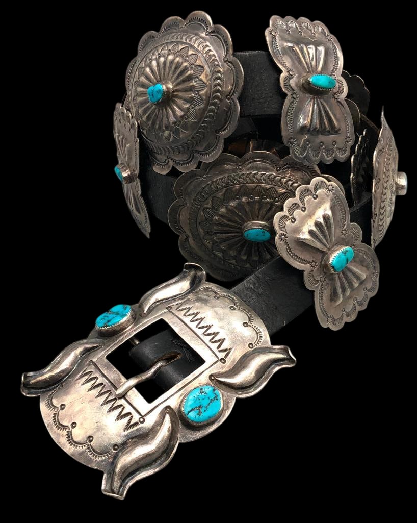 Nice Vintage Turquoise And Sterling Silver Concho Belt By Wilson Blackgoat (1 of 16)