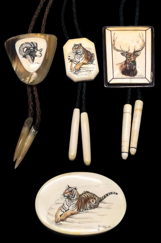 Wildlife Scrimshaw Belt Buckle And Bolo Tie Group: Offered here for your consideration is a group of wildlife-themed scrimshaw pieces, including three bolo ties and one belt buckle. Each bolo features hand etched wildlife scenes including a ram, tiger
