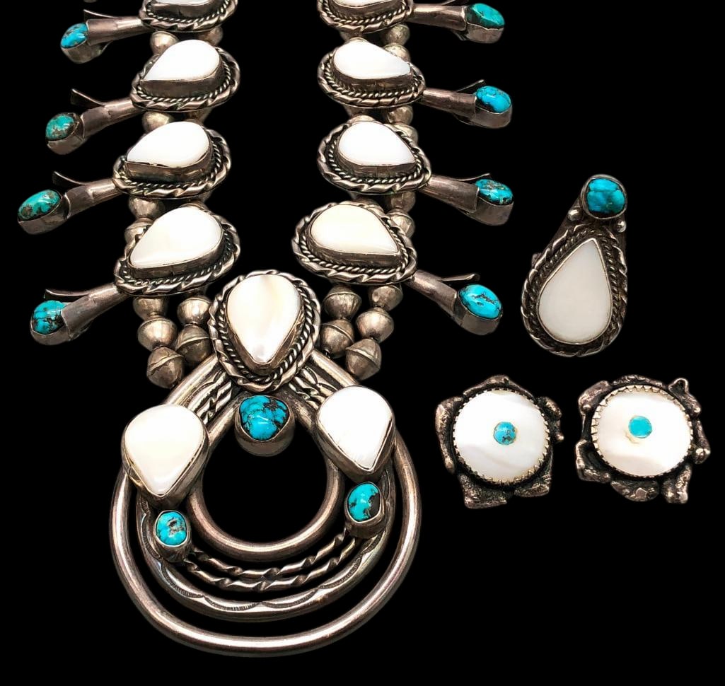 Mother Of Pearl, Turquoise & Sterling Silver Squash Blossom Necklace With Earrings & Ring (1 of 19)