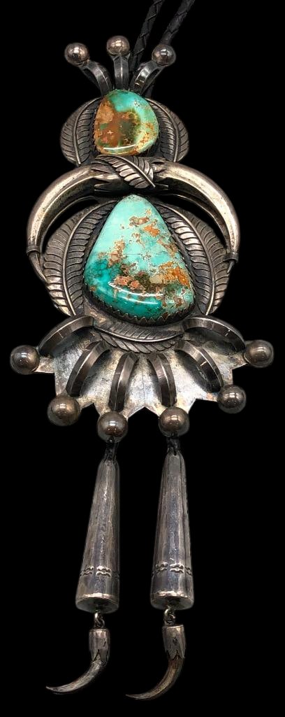 STATEMENT Royston Turquoise And Sterling Silver Claw Themed Bolo Tie: Offered here for your consideration is a STATEMENT Royston turquoise and sterling silver claw themed bolo tie. Royston turquoise has been mined since the early 1900s near Tonopah, Nevada. The slide fe