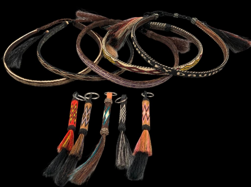 Group Of Five Deer Lodge Prison Hitched Horsehair Hatbands And Five Hitched Horsehair Key Fobs: Presented here for your consideration is a group of five Deer Lodge Prison hitched horsehair hatbands and five matching horsehair key fobs. Deer Lodge Montana's horsehair braiding program was one 