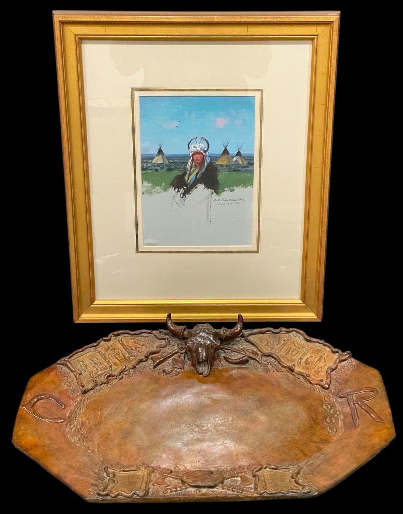 Russell Riders Bronze Platter & Artwork By Michael Coleman: Presented here for your consideration is a bronze platter and framed artwork by Michael Coleman. The bronze platter features raised branding iron motifs and a longhorn steer head at the rim, symbolizi