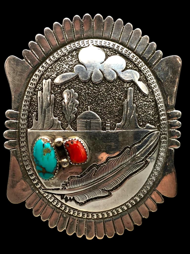 Nice Large Turquoise, Coral And Sterling Silver Bolo Slide With Storyteller Scene (1 of 9)