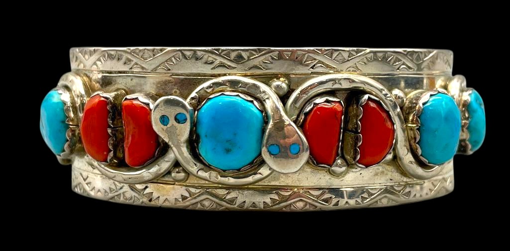Turquoise, Coral & Sterling Silver Snake Themed Bracelet by Effie C. (1 of 10)