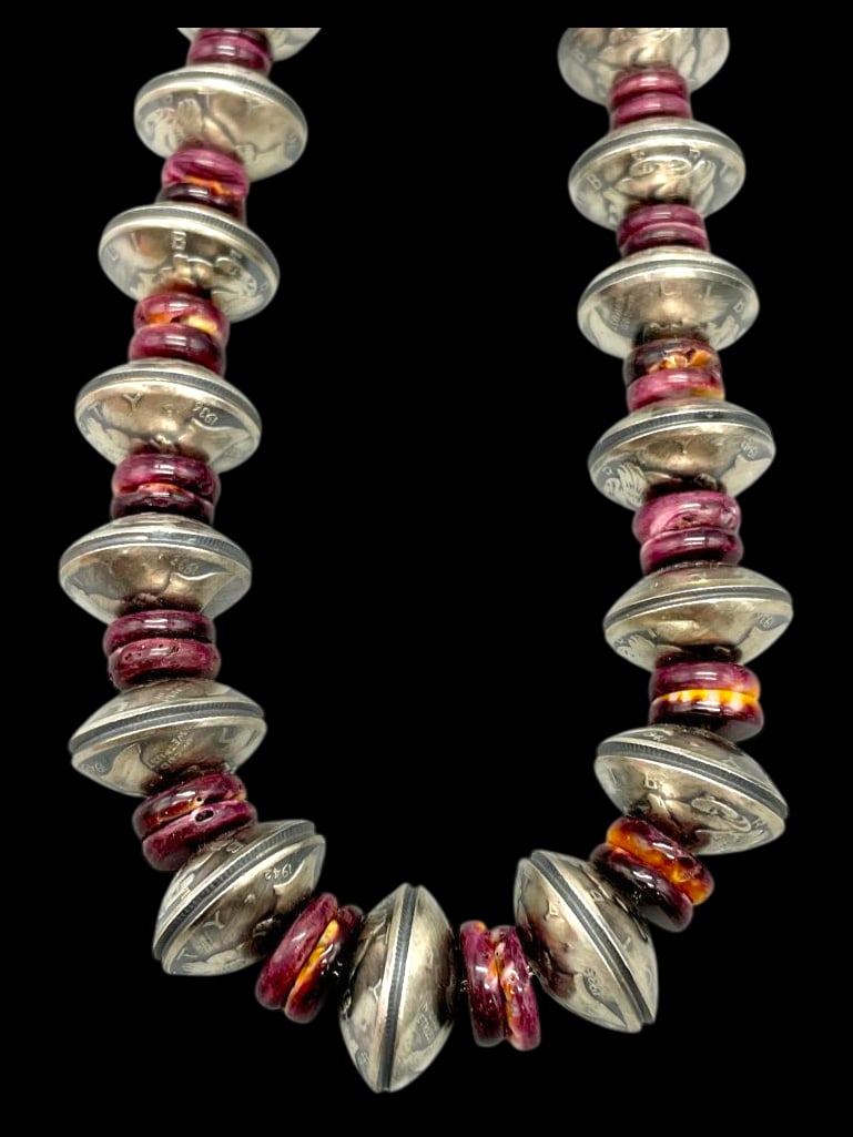 Purple Spiny Oyster And Mercury Dime Bead Necklace: Offered here for your consideration is a purple spiny oyster and mercury dime bead necklace. The necklace features mercury dime beads separated by purple spiny oyster disc beads, creating a striking a