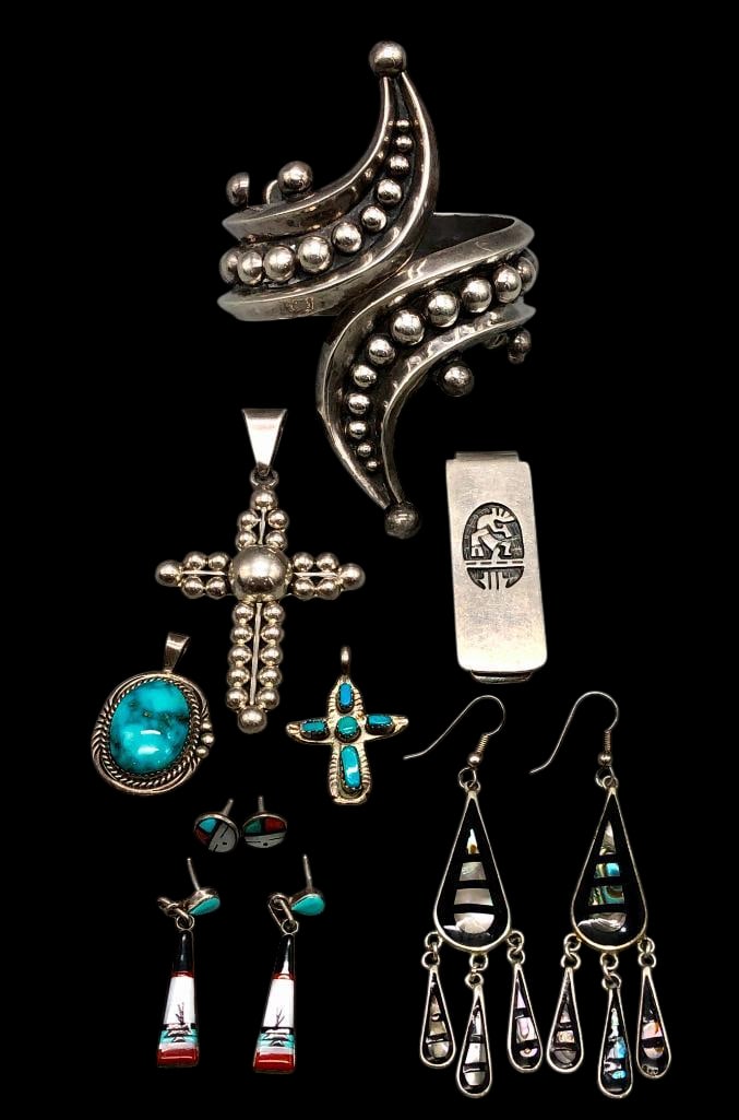 Mexican Sterling Silver Bracelet, Cross Pendant And Other Miscellaneous Pendants And Earrings (1 of 11)