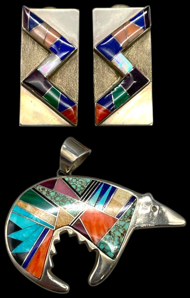 Multi Stone Inlay And Sterling Silver Bear Themed Pendant And Pair Of Earrings (1 of 9)